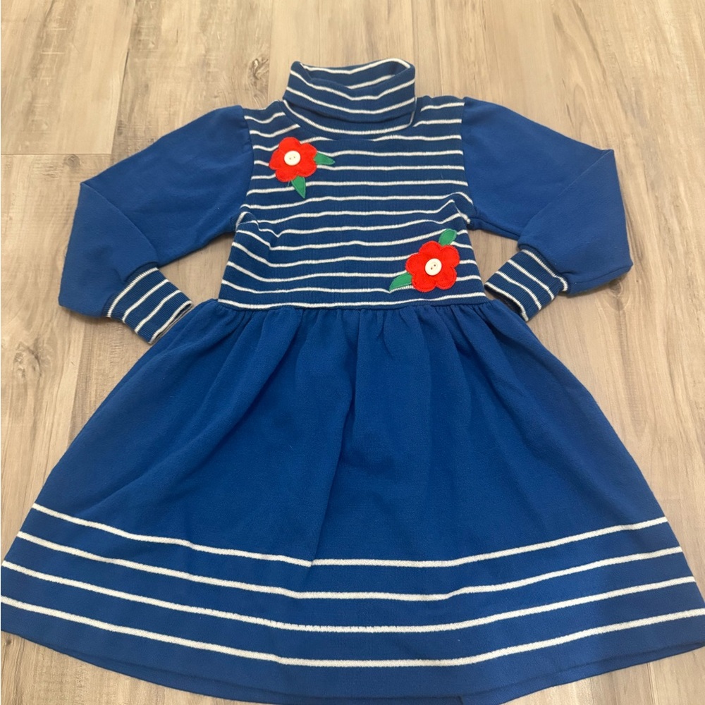 Vintage Sylvia Whyte blue Striped Kids Dress with Floral Accents